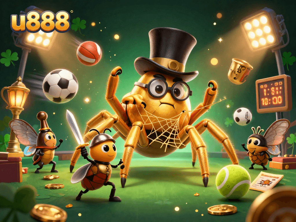 Engage in thrilling u888 casino action with a dynamic scene featuring a golden tarantula and beetle knight amidst sports elements.