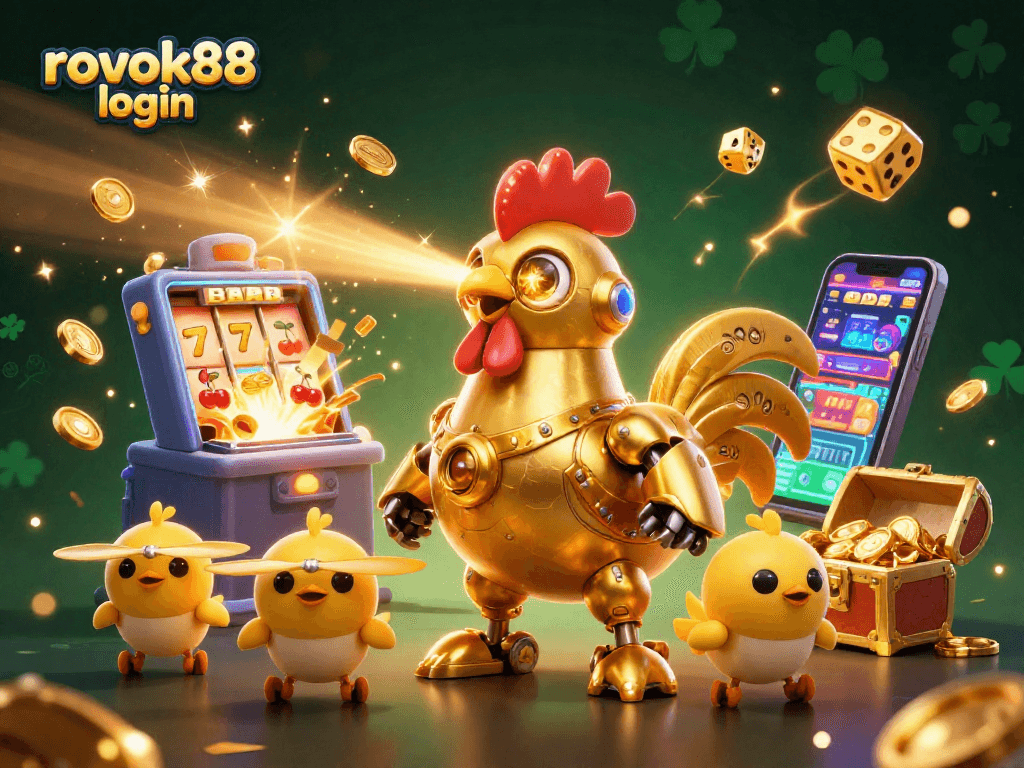 Experience thrilling gameplay with rokok88 login, featuring cartoon robots and vibrant casino elements.