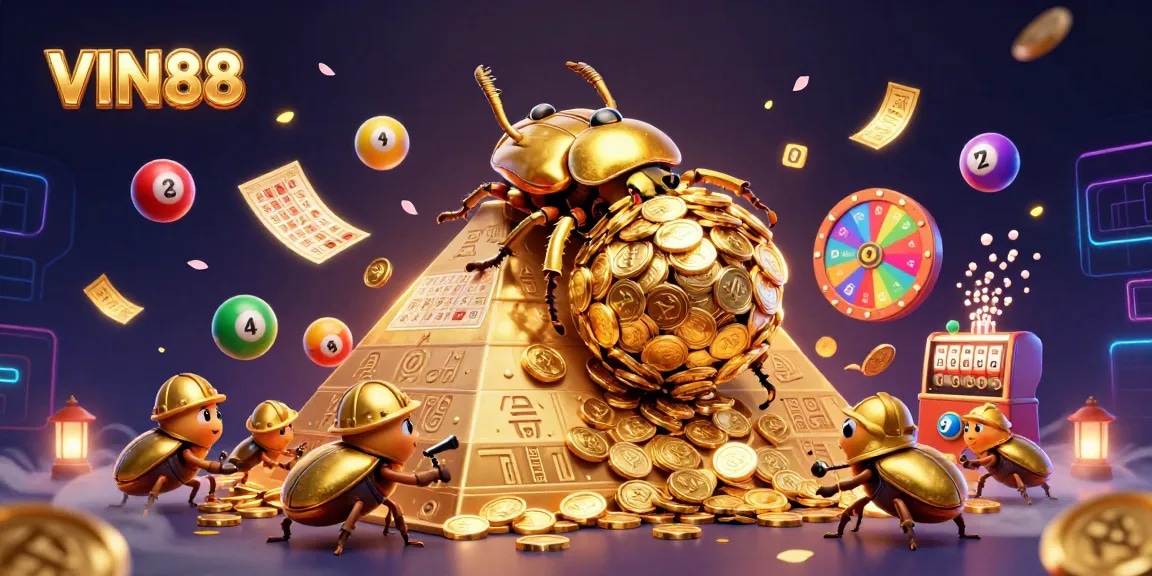 Experience thrilling interactions with VIN88 in this vibrant casino-themed 3D illustration featuring exciting gaming elements.