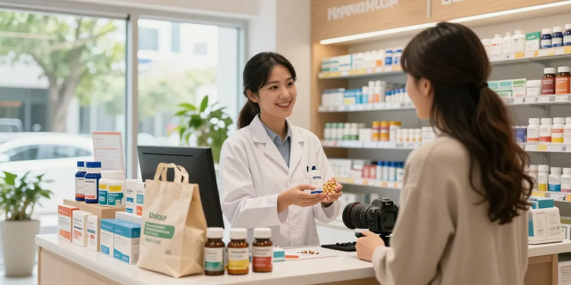 Bezoek aan Unique Pharma Shop met klant en apotheker in zonnige omgeving.