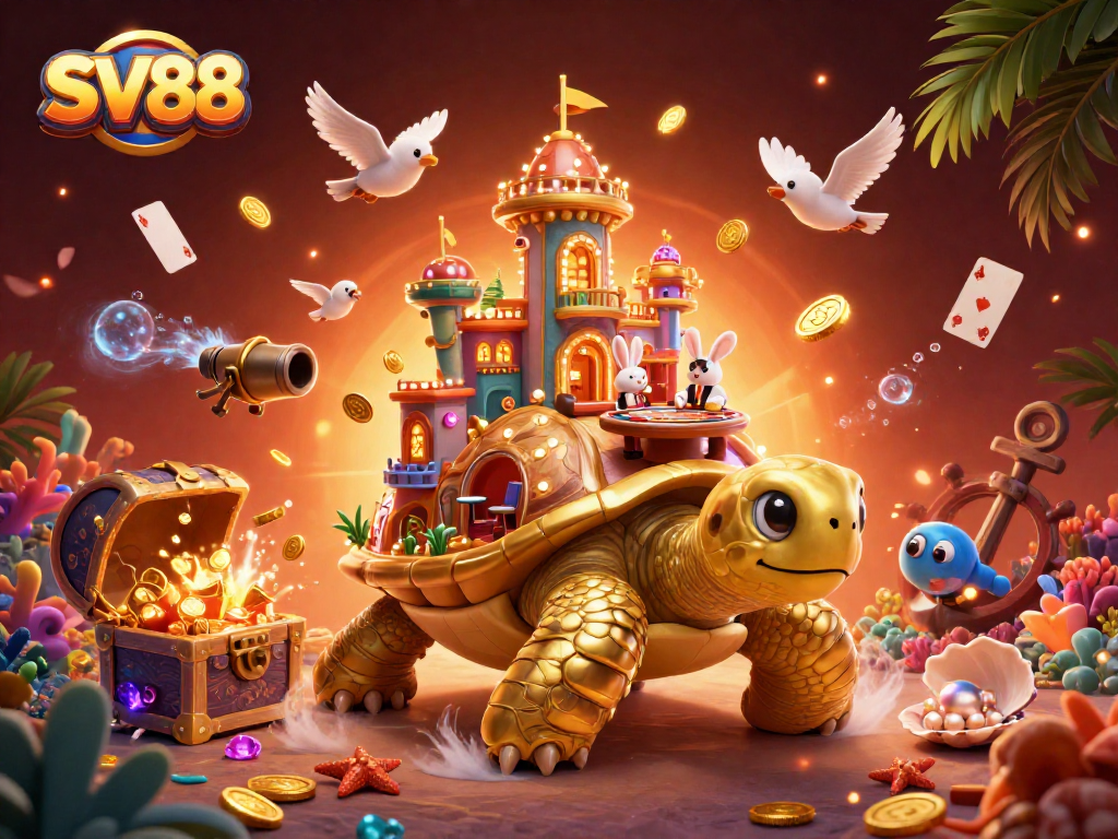 Experience thrilling gameplay at SV88 with a vibrant casino scene featuring a tortoise, dealer, and golden coins.