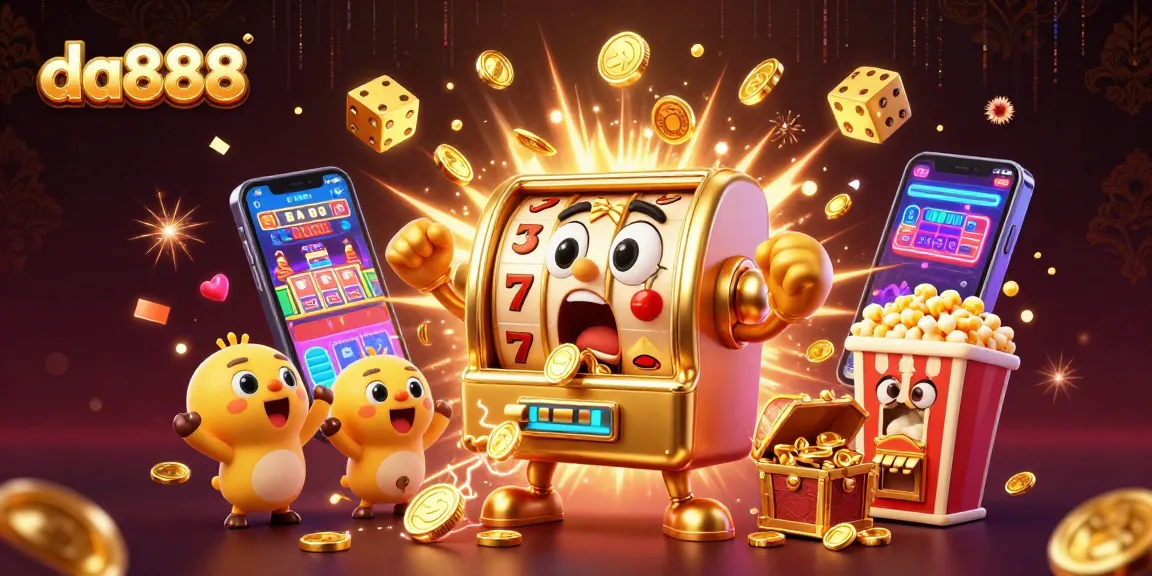 Experience da888 excitement with a vibrant scene of a golden slot machine celebrating its jackpot