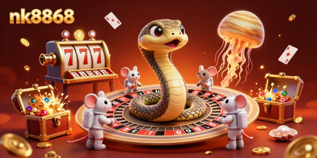 Engage in thrilling gaming with nk8868, showcasing a vibrant 3D casino scene filled with excitement.
