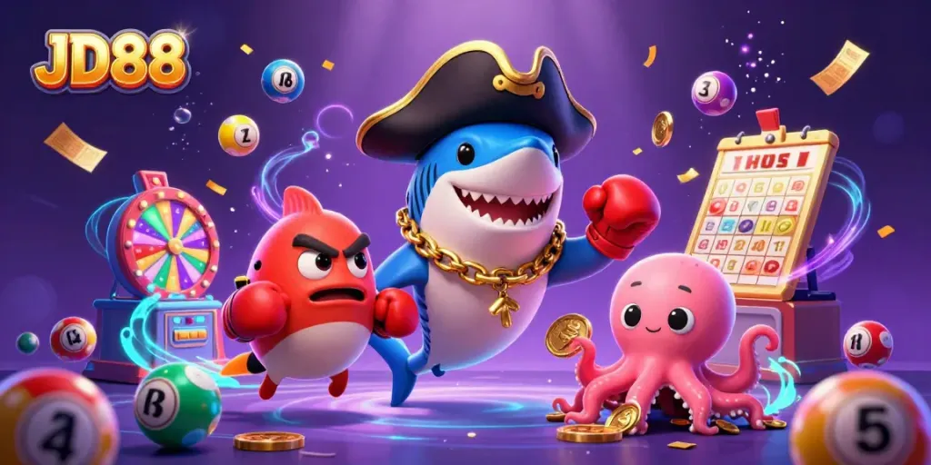 Engage with JD88's vibrant casino fun featuring a playful pirate shark and treasure-laden octopus.