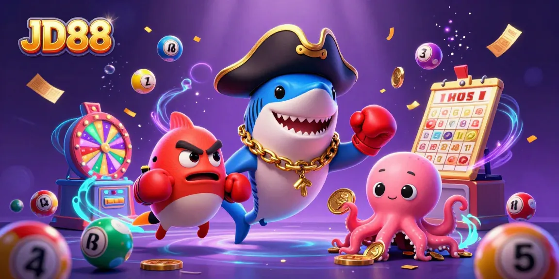 Engage with JD88's vibrant casino fun featuring a playful pirate shark and treasure-laden octopus.