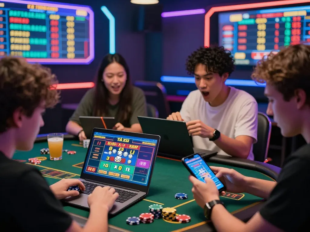Tài xỉu online uy tín scene with enthusiastic players betting in a vibrant gaming lounge.