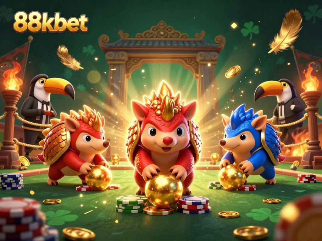 Experience the thrill of 88kbet with gaming pangolins in a vibrant casino scene filled with dynamic elements.
