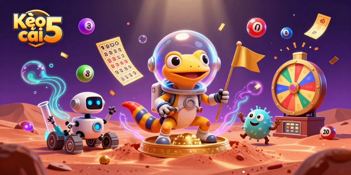Experience Kèo nhà cái 5 with a Martian gecko uncovering a hidden golden casino in vibrant colors.