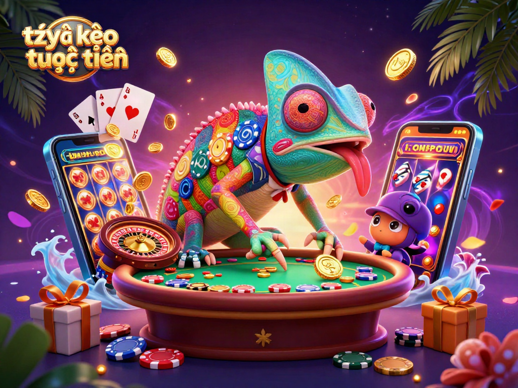 Experience the excitement of tỷ lệ kèo trực tuyến with a colorful chameleon casino owner surrounded by gaming action.