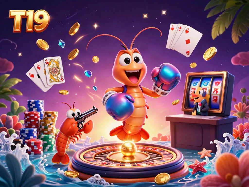 Experience the vibrant excitement of T19 casino with animated characters and casino elements.