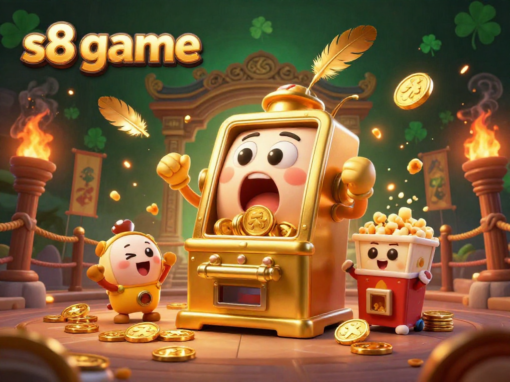S8 game slot machine surprises with jackpot coins pouring out as smaller machines celebrate in a vibrant casino scene.