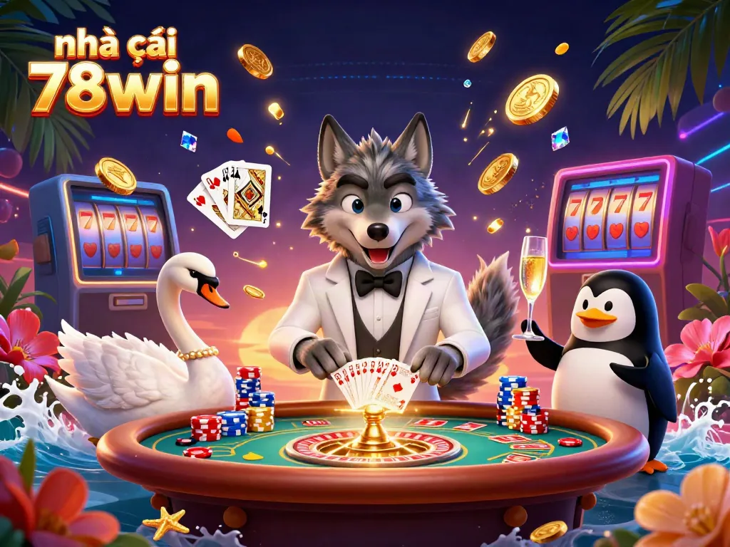 Experience thrilling Baccarat at nhà cái 78win with a debonair wolf and elegant swan dealing cards amidst flying coins.