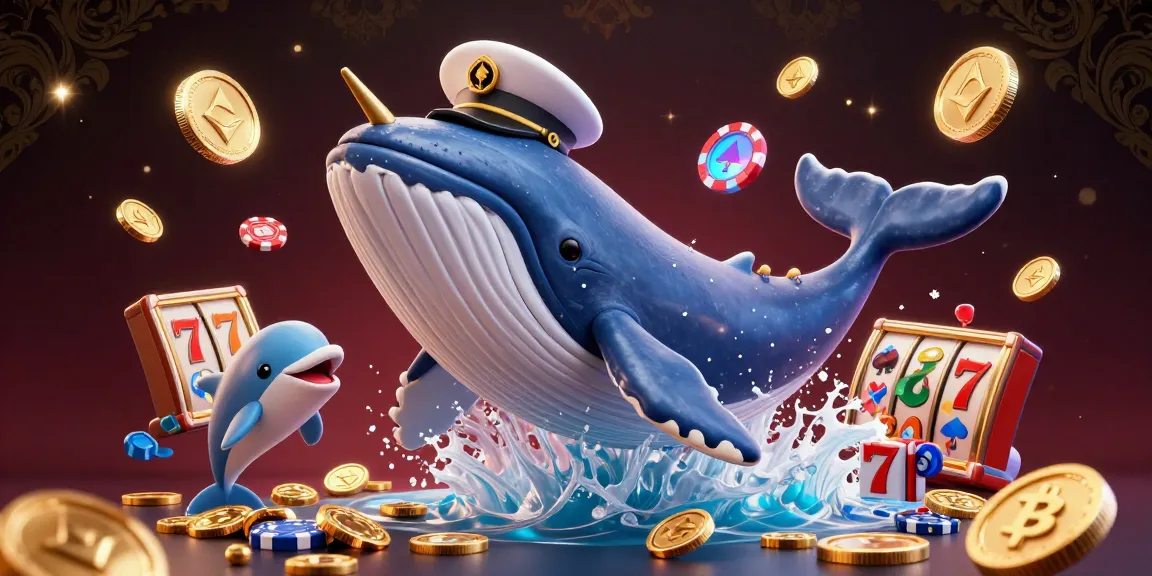 Experience the thrill at lu88 with a vibrant cartoon scene showcasing a whimsical whale amidst colorful slot machines and floating crypto coins.