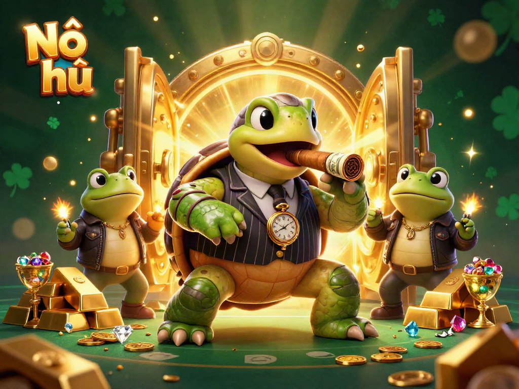 Play Nổ hũ games with a vibrant 3D cartoon scene of a snapping turtle and bullfrog enforcers.
