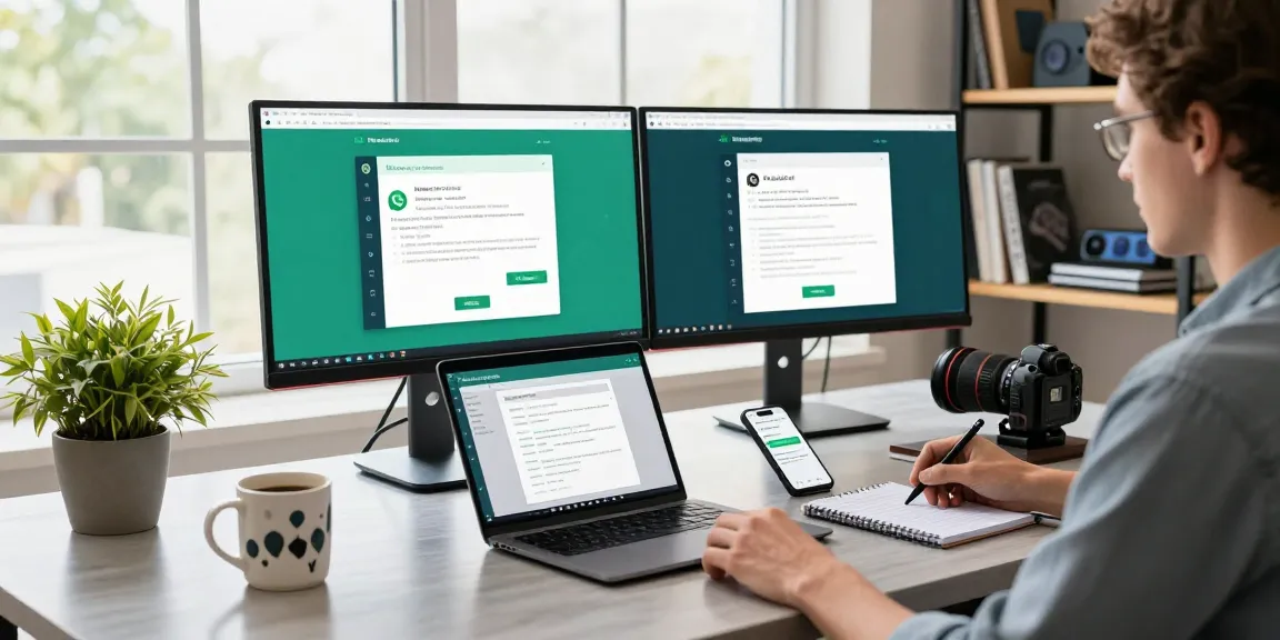 Dynamic workspace showcasing WhatsApp網頁版 on dual monitors, illustrating a productive tech environment with modern design.