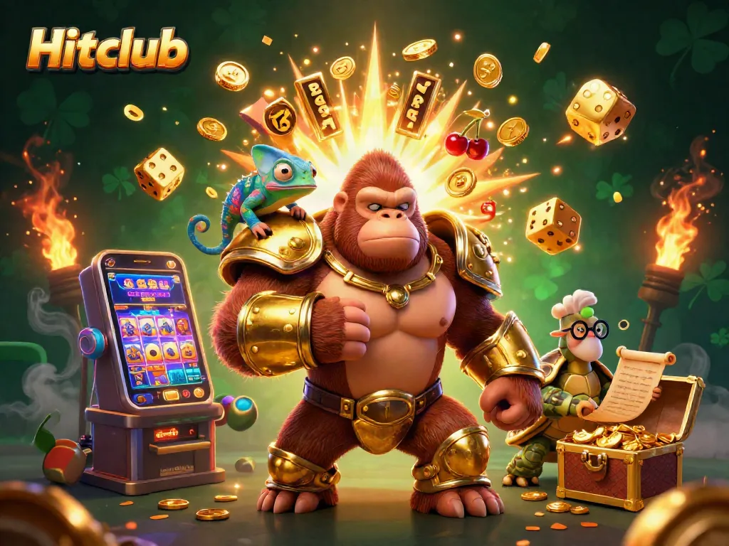 Hitclub showcases a thrilling jackpot scene with a gorilla king and casino elements bursting with excitement.
