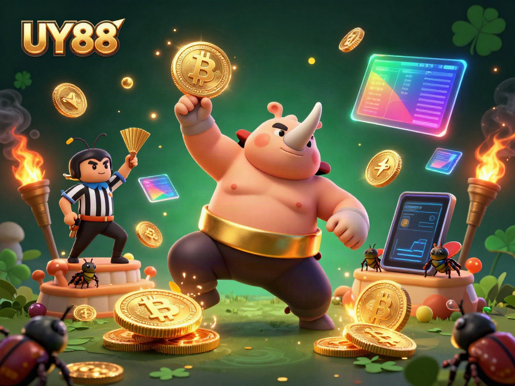 Engage in exciting UY88 gaming with vibrant 3D scenes of a beetle sumo champion and golden coins.