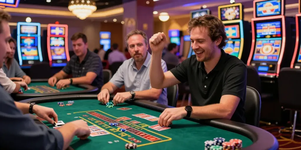 Exciting gaming atmosphere at FABET casino, showcasing players enjoying diverse games and lively decor.