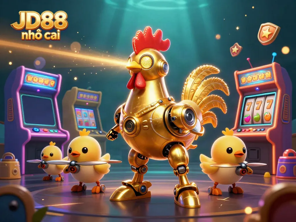 Experience the excitement at JD88 nhà cái with a dynamic scene featuring a golden rooster robot and arcade games.