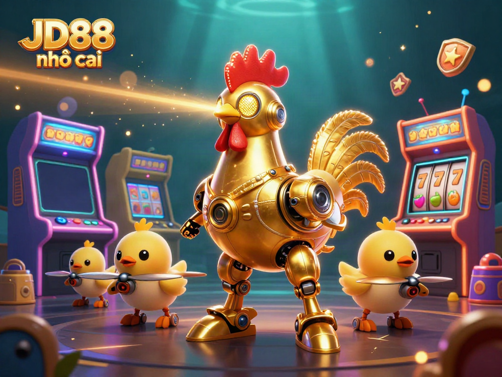 Experience the excitement at JD88 nhà cái with a dynamic scene featuring a golden rooster robot and arcade games.