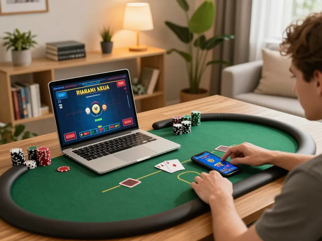 red88 poker gameplay on laptop with cozy home setup, showcasing focused real-time betting strategy