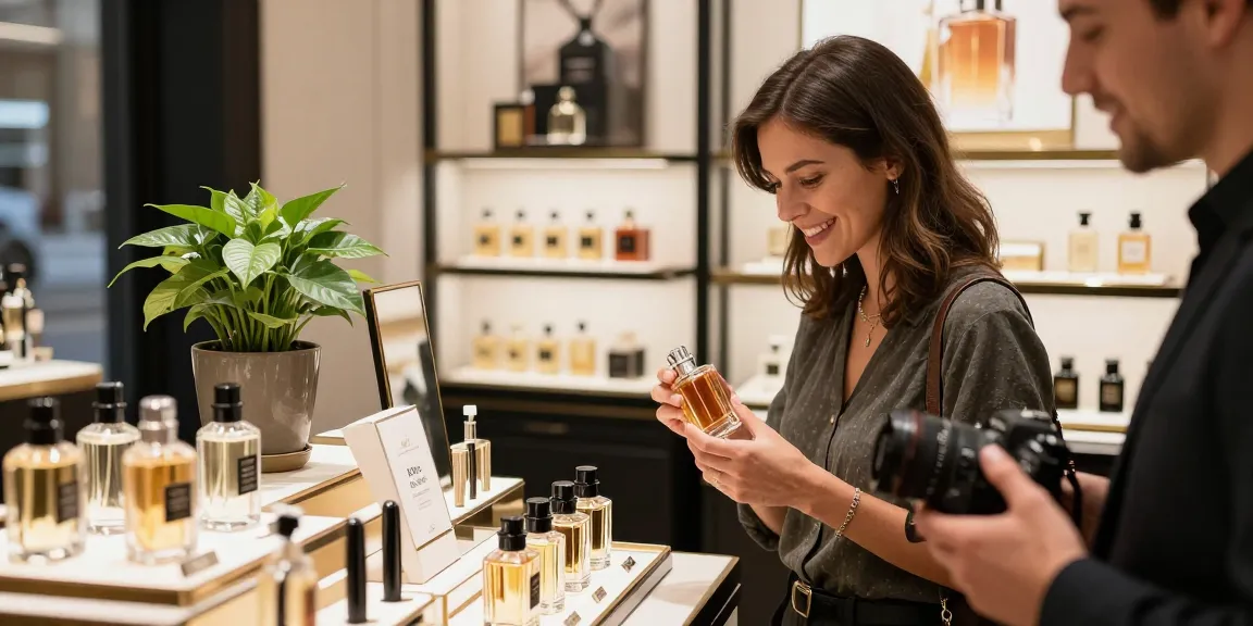 Een klant bekijkt de liquid brun parfum in een luxe parfumerie met sfeervol licht.