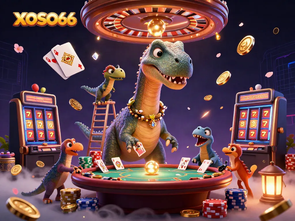 Experience the excitement of XOSO66 with playful dinosaurs in a vibrant casino scene, showcasing games and luck.