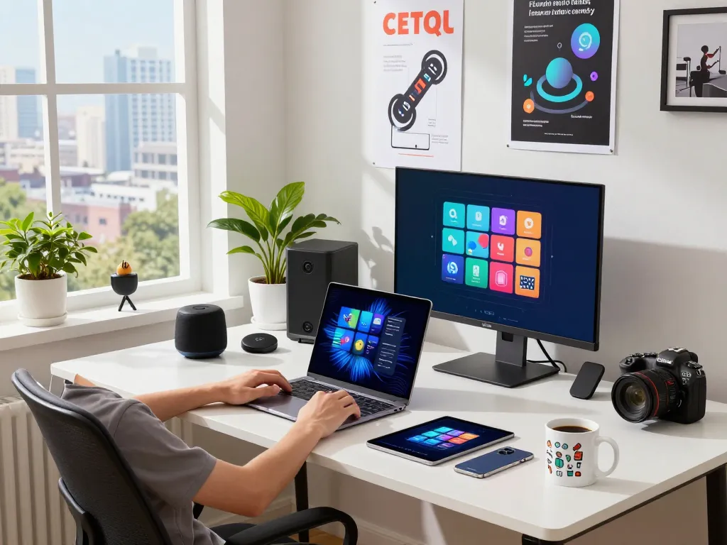 Innovative tech gadgets showcased in a modern home office, featuring multiple devices and accessories.