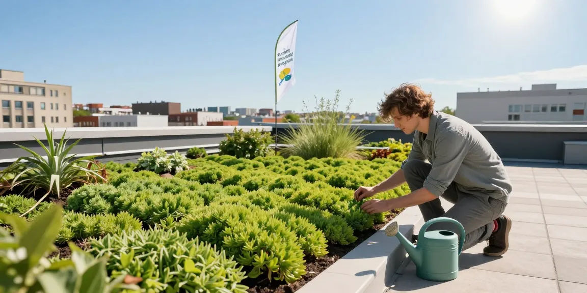 Huiseigenaar zorgt voor sedumplanten op een daktuin die de voordelen van subsidie groendak promoot.