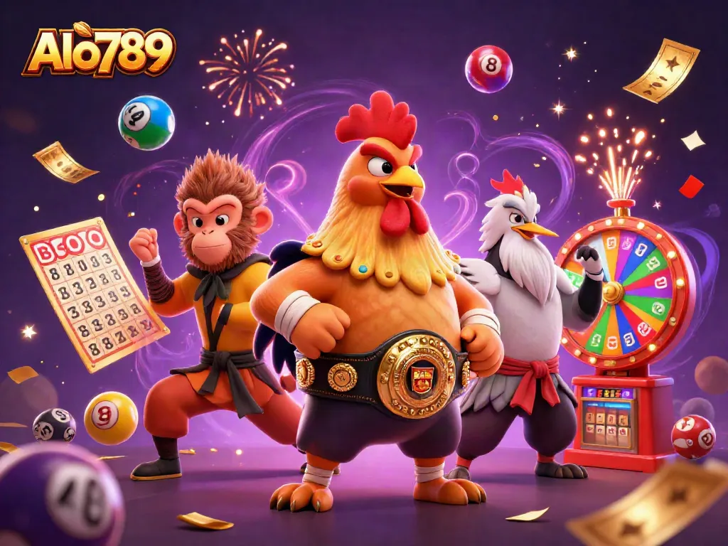 Engage with Alo789, featuring dynamic 3D characters amidst vibrant casino-themed elements.