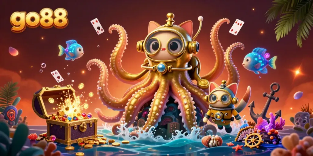 Watch the colossal go88 kraken and diving cat on an underwater treasure hunt in this vibrant scene.