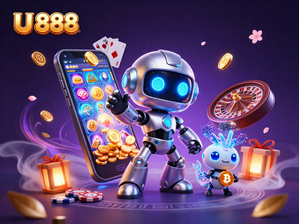 Engage with U 888 in a vibrant 3D casino scene featuring a cyberpunk robot and interactive gambling elements.