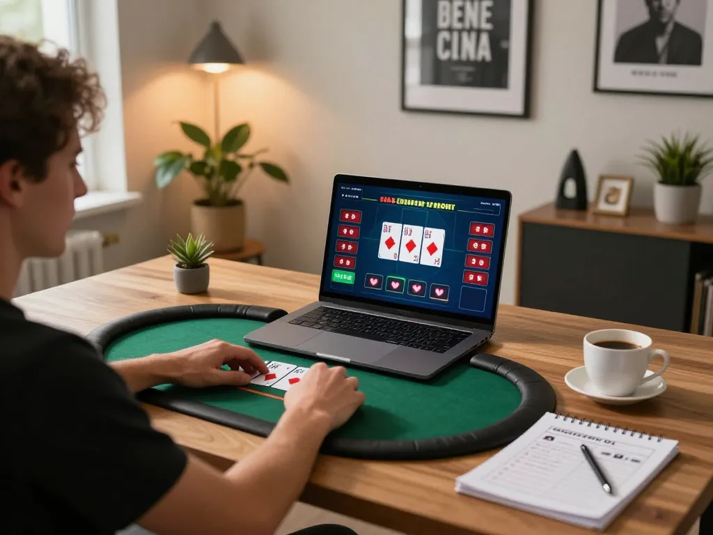Login Say88 from a home gaming setup, person plays poker on laptop with strategy notes visible.