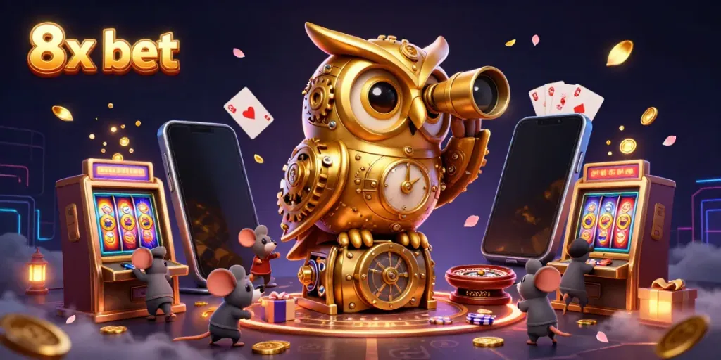 Spin the reels and win with 8x bet in an enchanting casino scene featuring a golden owl and vibrant slots.