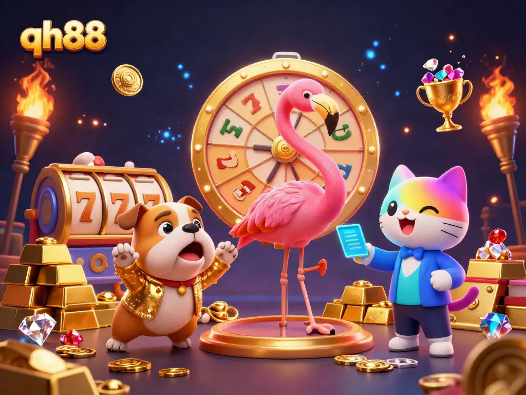 Experience exhilarating casino action at qh88 with a vibrant game show scene featuring a flamingo host and a dog contestant.