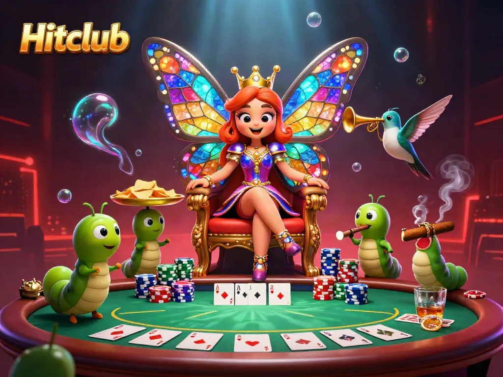 Experience thrilling wins at Hitclub with a vibrant, animated 3D butterfly queen and poker scene.