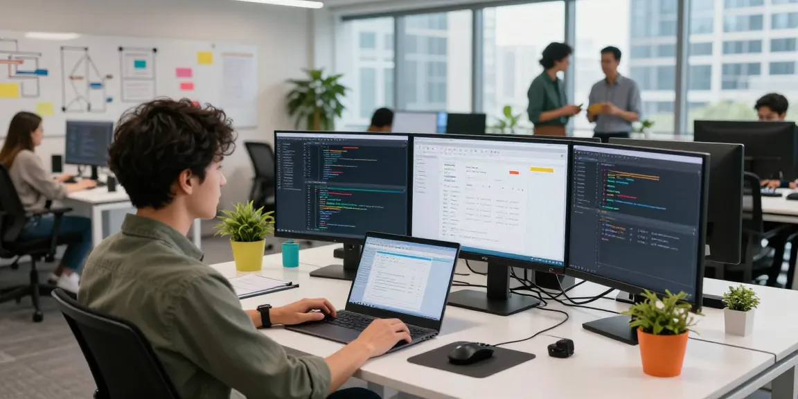 Workspace scene illustrating the WPS Official Website development environment with innovative tools and collaborative atmosphere