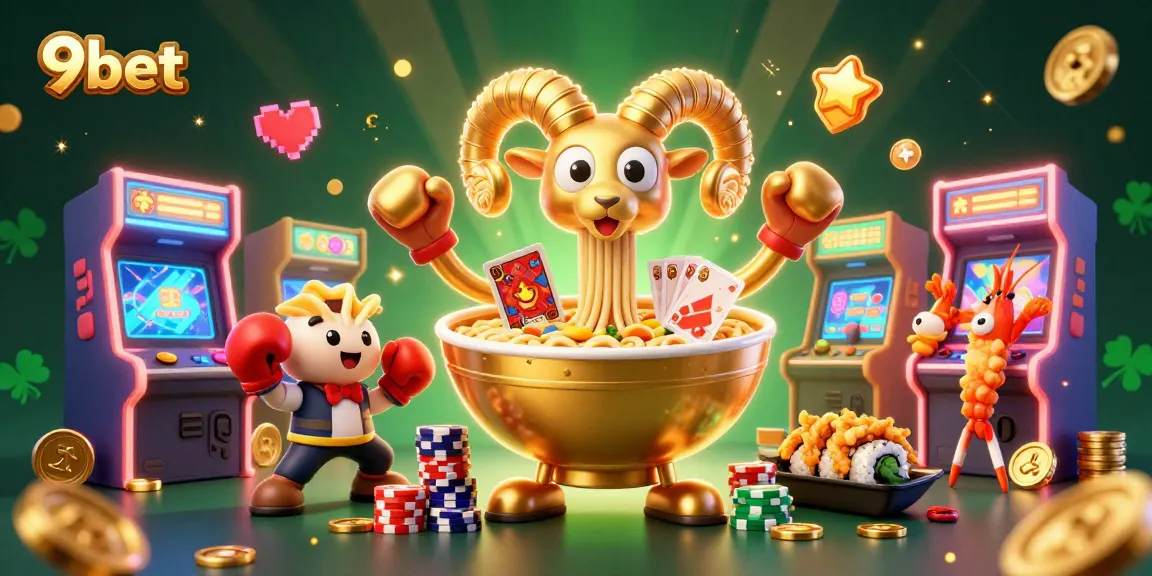 9bet offers a vibrant casino scene featuring a giant ramen bowl and colorful arcade elements.