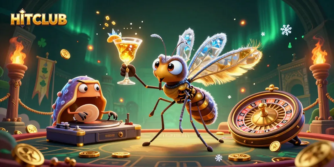 HITCLUB casino illustration featuring a mosquito mascot, trilobite DJ, and ammonite roulette wheel.