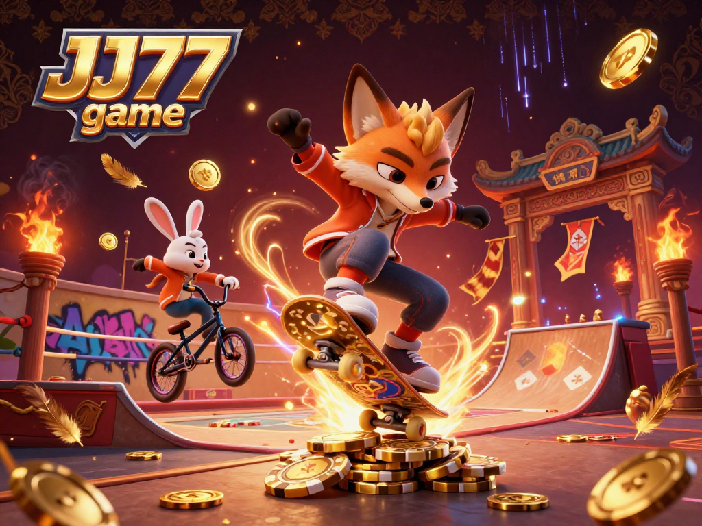 Engage with the thrilling JJ77 game featuring a dynamic scene of a skateboarder fox and BMX rabbit amidst casino elements.