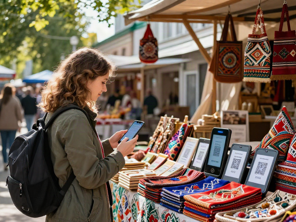 Een reiziger die de https://payinrussia.com/ app gebruikt om snel te betalen op een lokale markt met traditionele Russische goederen in een zonnige straat.