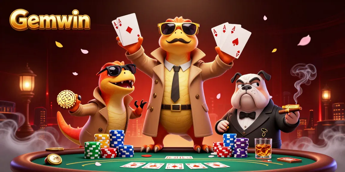 Gemwin casino illustration with three raptors in a trench coat amusingly attempting to enter a VIP lounge.