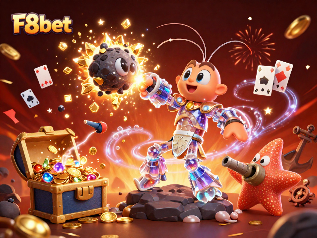 Engaging scene showcasing F8bet with cartoon characters in an adventurous casino-themed illustration, bursting with gems.