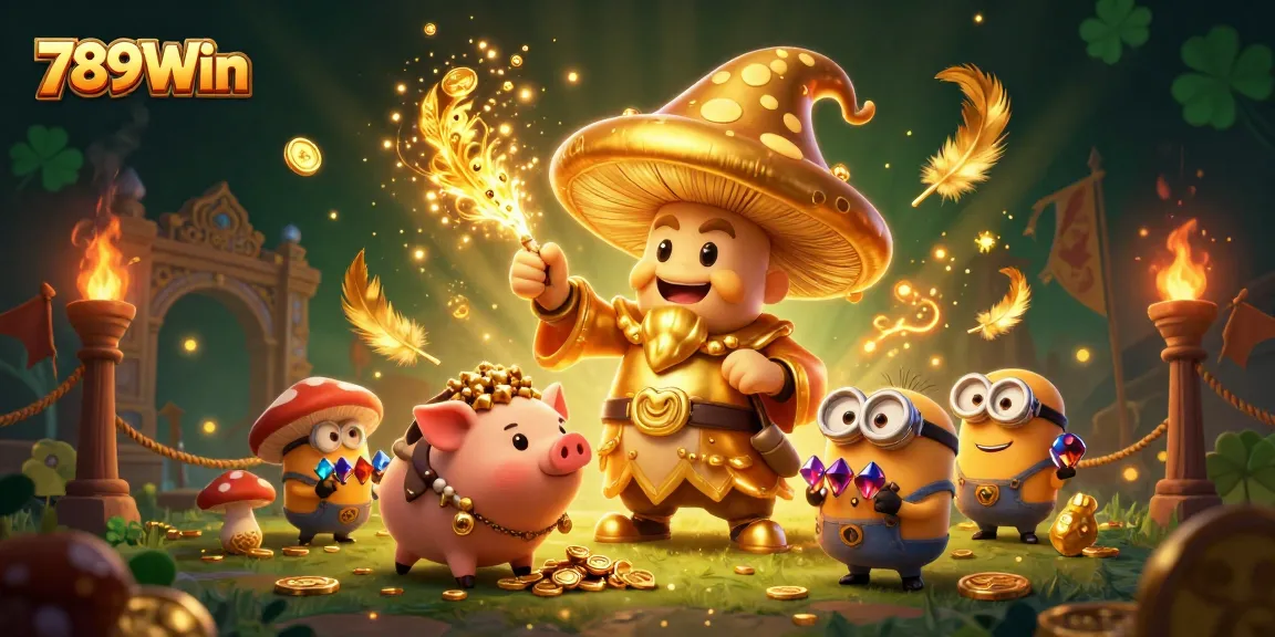 Experience the magic of 789Win with golden treasures and vibrant casino elements in this vibrant 3D illustration.
