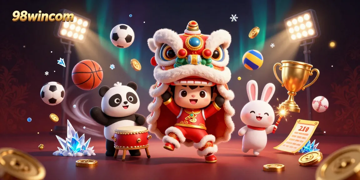 Engage with the 98wincom lively gambling scene featuring festive elements and dynamic sports visuals.