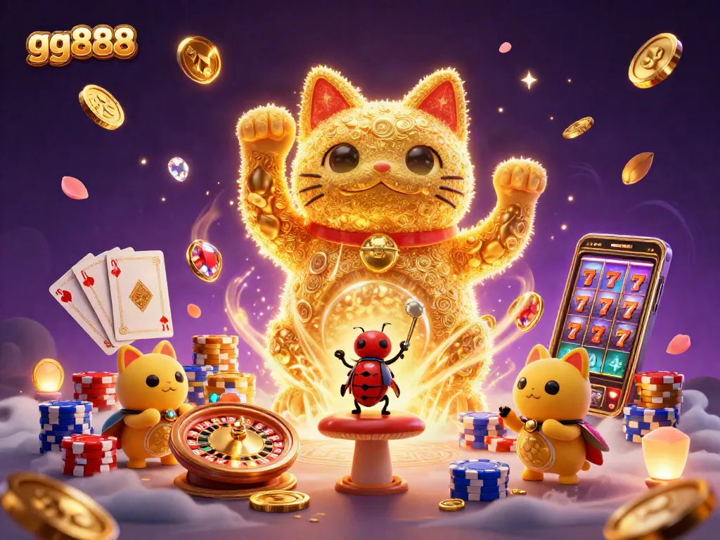 Experience the enchanting world of gg888 with a giant lucky cat, dynamic coins, and casino symbols in a vibrant scene.