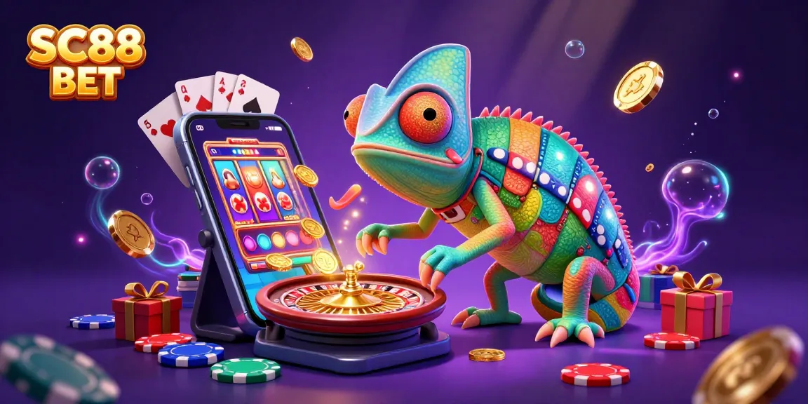 Join the excitement at SC88 BET with a vibrant casino scene featuring dynamic game elements and colorful chameleon character.