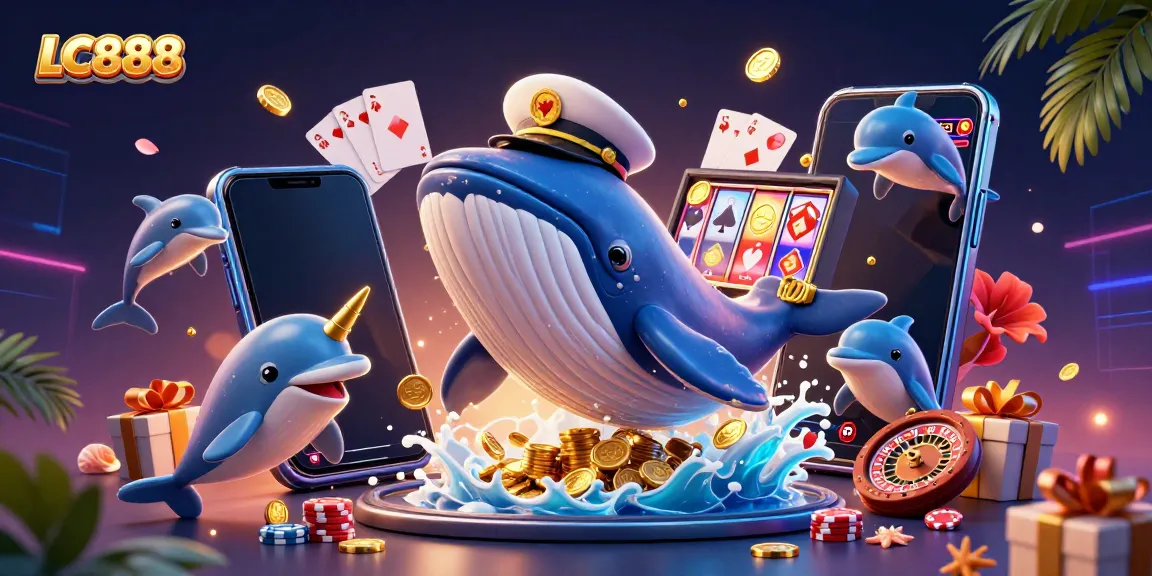 Engage with LC888's thrilling world of online gaming, featuring a cartoon whale and vibrant casino elements.