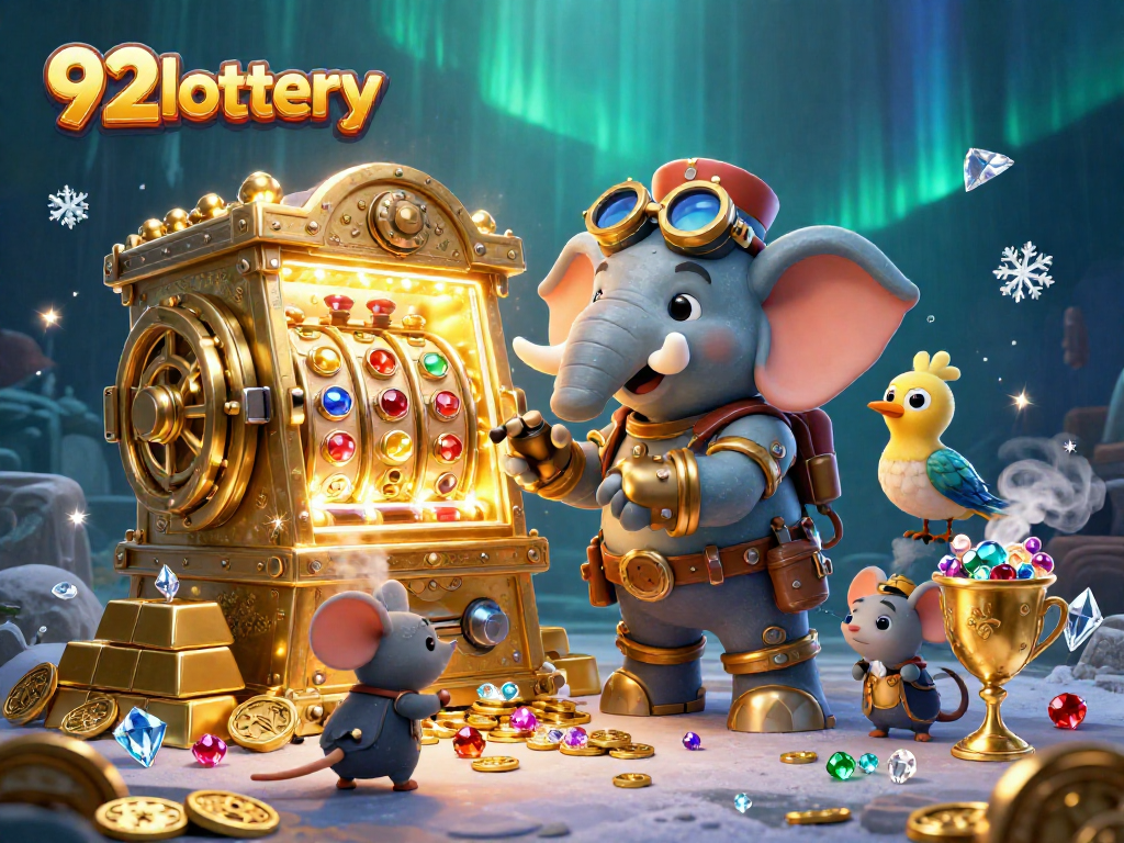 Spin the 92lottery slot machine with golden treasures and sparkling gems lighting up the scene.