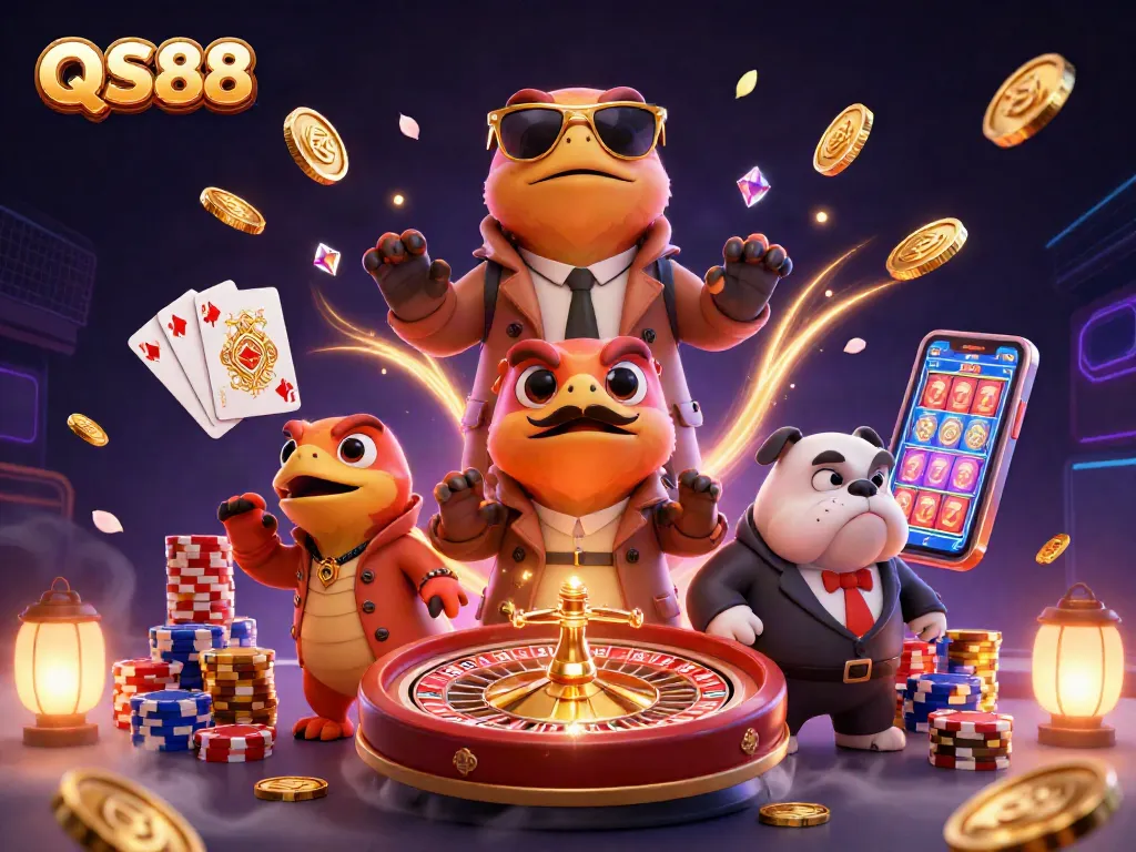 Spin the reels and win big with QS88 at the vibrant casino entrance, showcasing thrilling gaming elements.